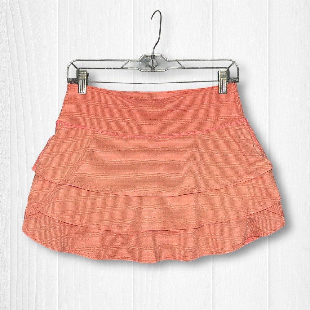 Athleta Striped Tiered Ruffle Athletic Mini Skirt Skort‎ Womens S Coral Pink